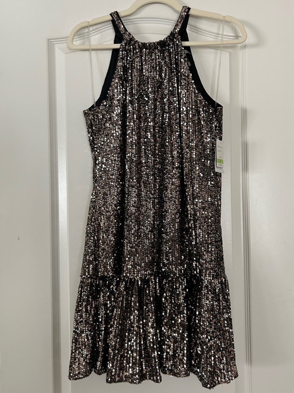 Taylor Dresses Metallic Copper Silver Sequin Halter Cocktail Mini Dress Tie Neck